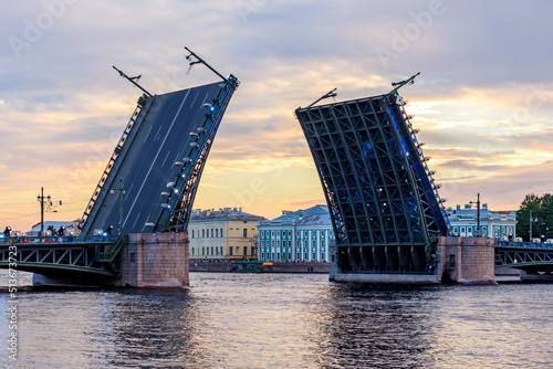 Raised Palace bridge at white night, Saint Petersburg, Russia