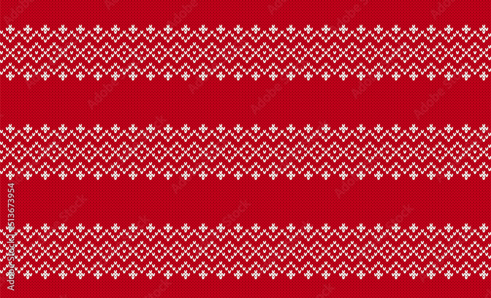 Christmas knit print. Seamless border. Vector. Red knitted pattern. Sweater texture. Fair isle traditional geometric background. Holiday Xmas ornament. Festive crochet. Wool pullover illustration