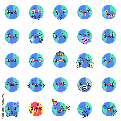 Earth planet character stickers collection. Earth day emoji. 