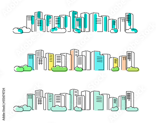 フラットな線画イラスト都市のビル水平景観