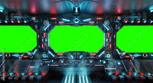 Fototapeta Naklejka Na Ścianę i Meble -  Dark spaceship interior with isolated window. Futuristic spacecraft with glowing blue and red control panels and empty view. 3D rendering