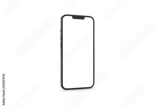 PARIS - France - April 28, 2022: Newly released Apple smartphone, Iphone 13 pro max Graphite color realistic 3d rendering, front screen mobile mockup with shadow and reflection on white