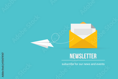 Newsletter. vector illustration of email marketing. subscription to newsletter, news, offers, promotions. a letter and envelope. subscribe, submit. send by mail.