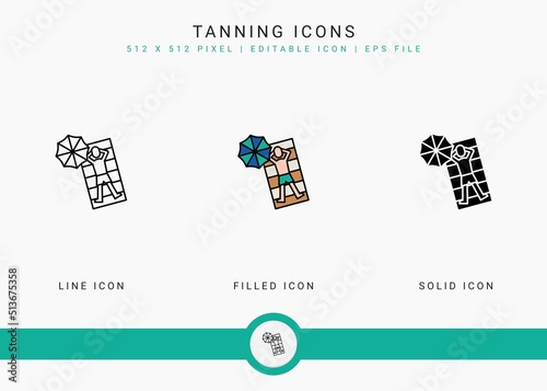 Tanning icons set vector illustration with solid icon line style. Summer beach concept. Editable stroke icon on isolated white background for web design, user interface, and mobile application