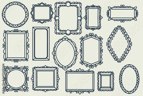 15 hand drawn frame decoration set. collection of hand drawn doodle frames isolated on white background, black drawings set, minimal freehand drawn sketches.