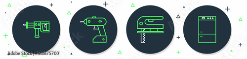 Set line Electric cordless screwdriver, jigsaw, Rotary hammer drill machine and Refrigerator icon. Vector