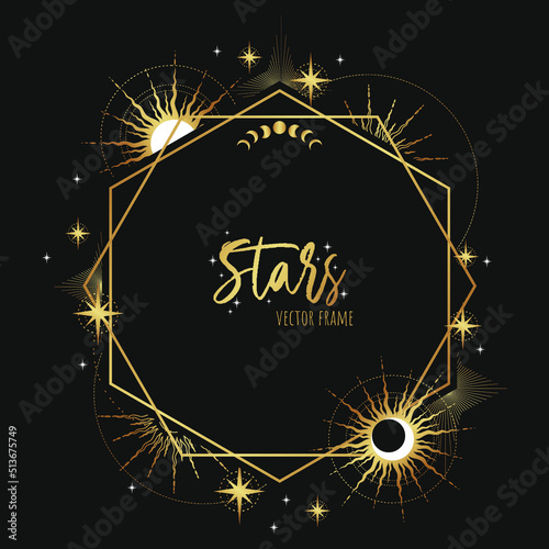 Magic vector frame with moon, stars and constellations. Gold elegant ornament. Mystic frame for tarot, esoteric, astrology design. Template for poster and prints.