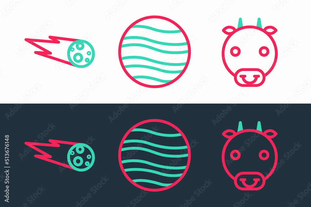 Set line Ox zodiac, Comet falling down fast and Planet Jupiter icon. Vector
