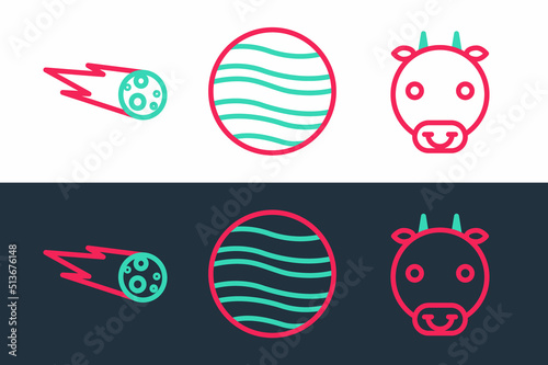 Set line Ox zodiac, Comet falling down fast and Planet Jupiter icon. Vector