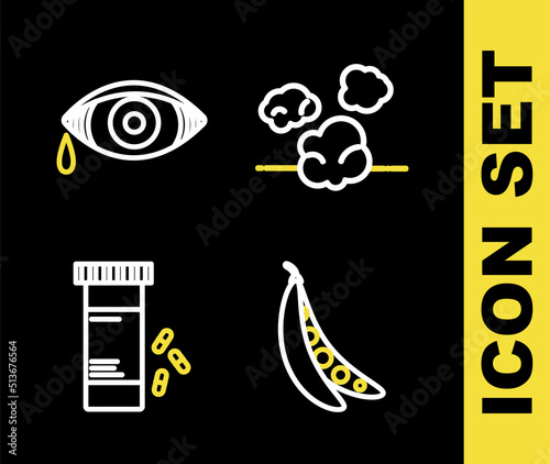 Set line Dust, Kidney beans, Medicine bottle and pills and Reddish eye allergic conjunctivitis icon. Vector