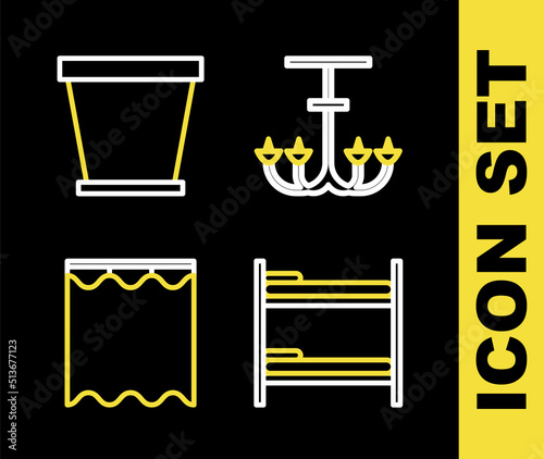 Set line Chandelier, Bunk bed, Curtains and Flower pot icon. Vector