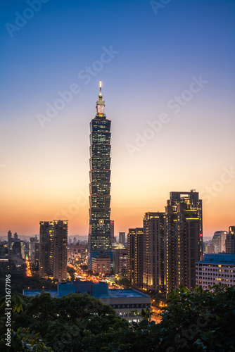 Taipei Skyline with Taipei 101 Tower at Sunset Time