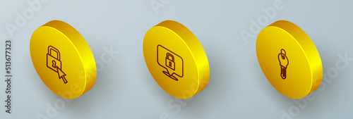 Set Isometric line Lock, and Key icon. Vector