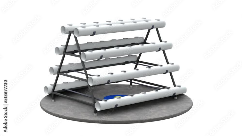 Nutrient film technique (NTF) Hydroponic system. 3d animation of growing plants using the hydroponics system