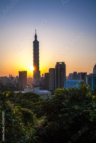 Taipei Skyline with Taipei 101 Tower at Sunset Time