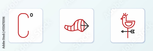 Set line Rooster weather vane, Celsius and Cone meteorology windsock wind icon. Vector