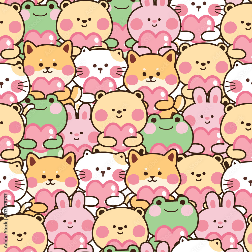 Repeat.Seamless pattern of cute animals hold heart cartoon background.Rabbit,cat,dog,frog.Character  design.Image for wallpaper,banner,card,baby cloth,gift paper,kid  product.Kawaii.Vector.Illustration Stock Vector | Adobe Stock