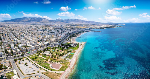 Aerial view of the Kalamaki area at the south Athens Riviera, Greece, with beautiful beaches, parks and restaurants photo