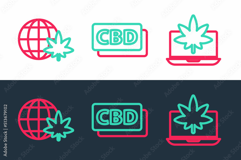 Set line Laptop and marijuana or cannabis, Legalize globe and Cannabis molecule icon. Vector