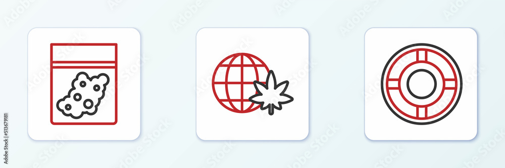 Set line Ashtray, Plastic bag of cannabis and Legalize marijuana globe icon. Vector Set line Ashtray, Plastic bag of cannabis and Legalize marijuana globe icon. Vector