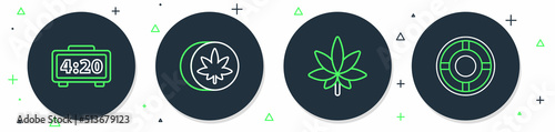 Set line Herbal ecstasy tablets, Marijuana or cannabis leaf, Digital alarm clock and Ashtray icon. Vector