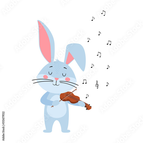 Cute cartoon rabbit or hare. Rabbit  plays the violin. Printing on children's T-shirts, greeting cards, posters. Hand-drawn vector stock illustration isolated on white background