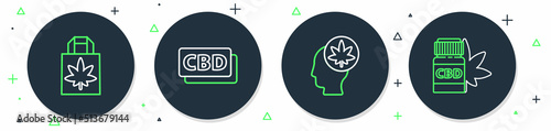 Set line Cannabis molecule, Head with marijuana or cannabis, Shopping paper bag of and Medical bottle icon. Vector