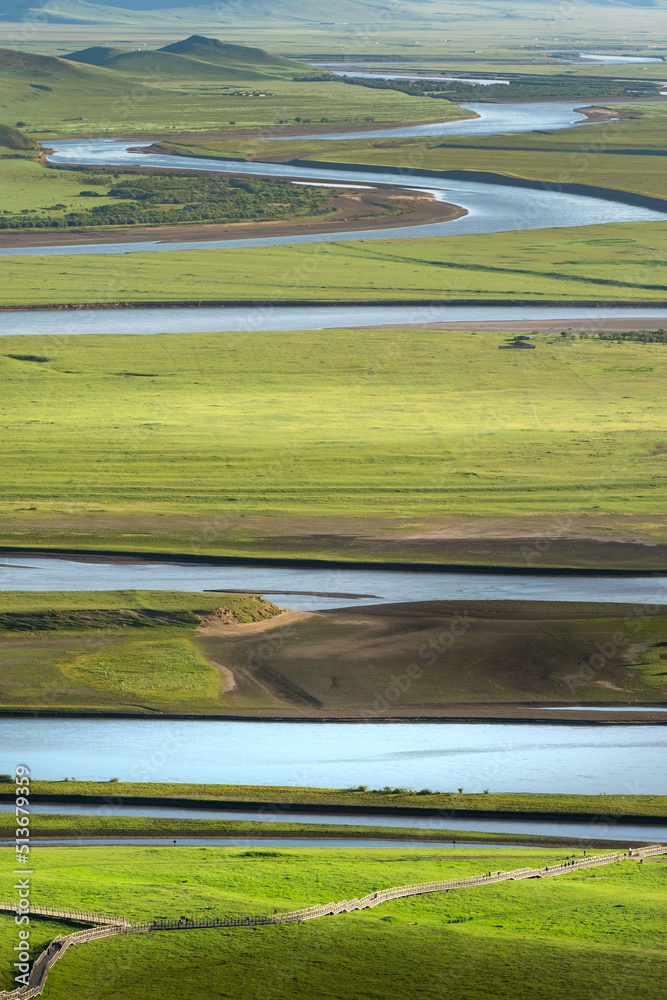 curves of yellow river on grassland