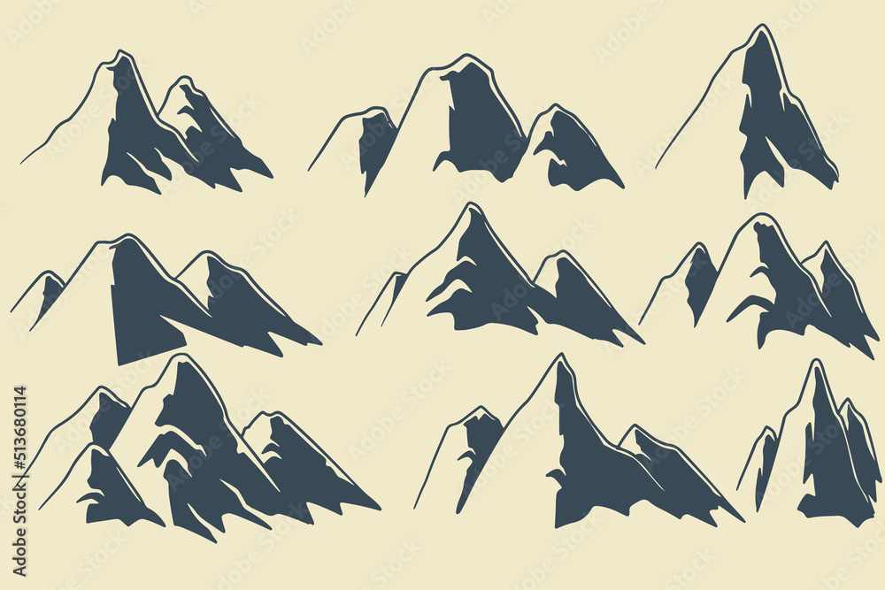 Fototapeta premium hand drawn natural decoration set of nine big mountain sketch illustration isolated on white background.