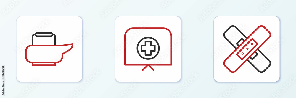 Set line Crossed bandage plaster, Bedpan and Nurse hat with cross icon. Vector Set line Crossed bandage plaster, Bedpan and Nurse hat with cross icon. Vector