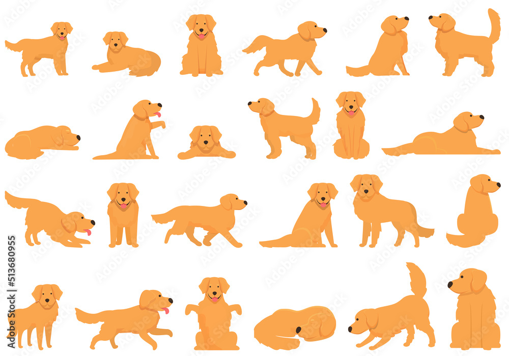 Fototapeta premium Golden retriever icons set cartoon vector. Dog labrador. Sit pose