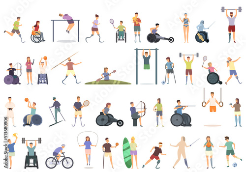 Disabled sport icons set cartoon vector. Handicap athlete. Blind fencing