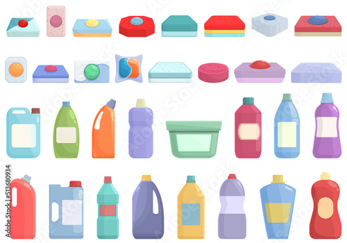 Dishwasher detergent icons set cartoon vector. Capsule clean. Liquid bottle