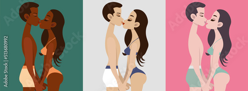 Couples set in love in a flat vector illustration with kissing heterosexual couple, a guy and a girl in underwear. Love concept, foreplay, passion, lust, racial diversity of love, relationships