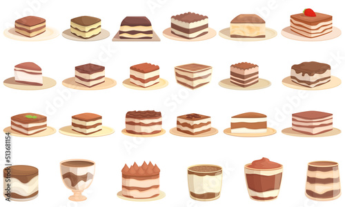 Tiramisu icons set cartoon vector. Food appetizer. Cake cream