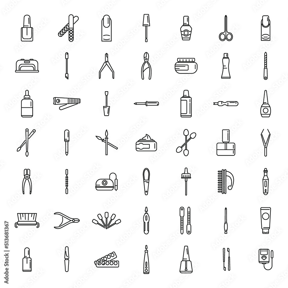 Equipment for manicure icons set outline vector. Nail pedicure Equipment for manicure icons set outline vector. Nail pedicure