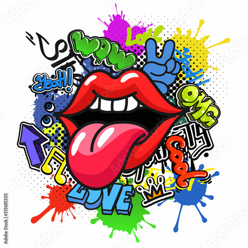 Pop art vector speaking red lips graffiti. Sexy woman's mouth street art with dripping paint hip hop design, Grange love lettering