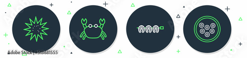 Set line Crab, Grilled fish steak, Sea urchin and Caviar on plate icon. Vector