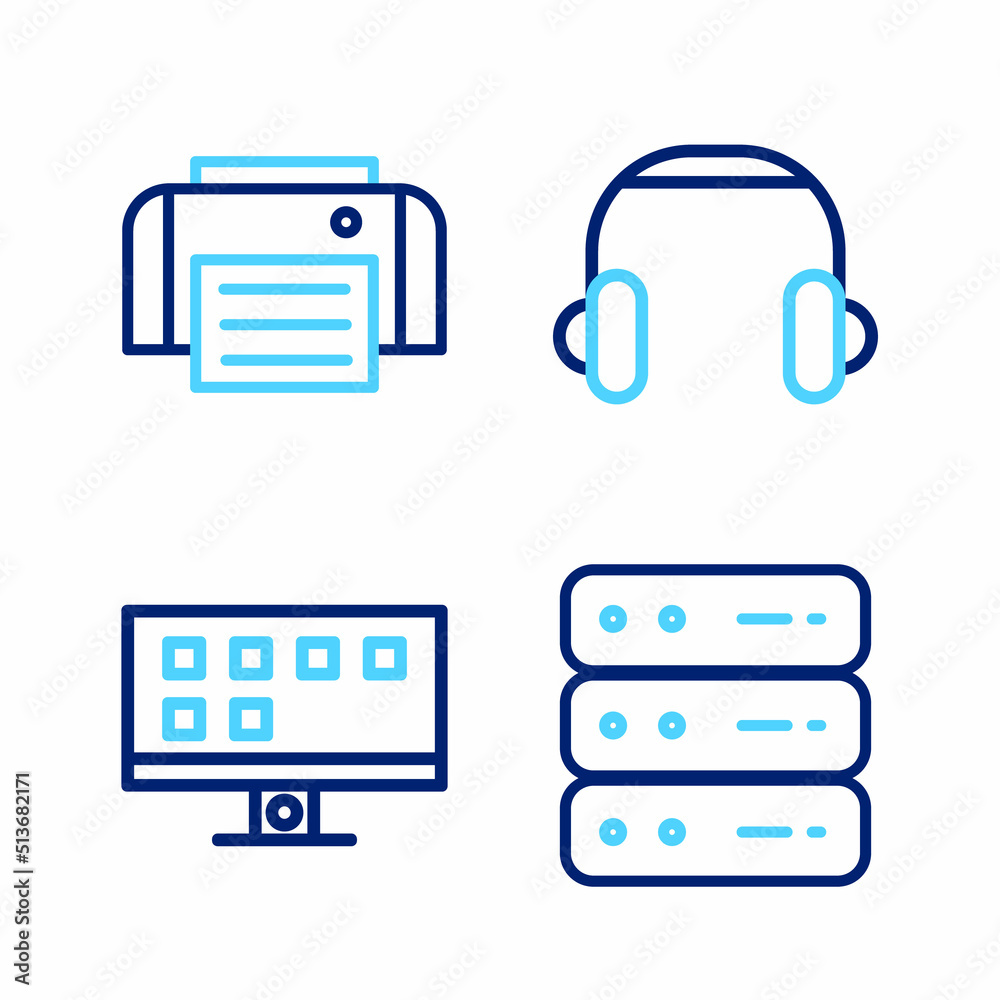 Set line Server, Data, Web Hosting, Smart Tv, Headphones and Printer icon. Vector Set line Server, Data, Web Hosting, Smart Tv, Headphones and Printer icon. Vector