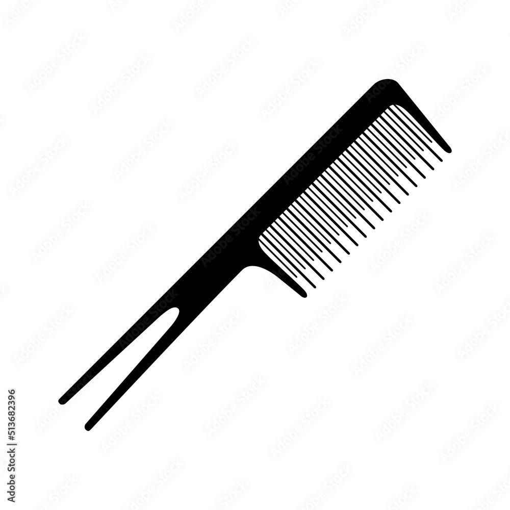 The comb icon. A black silhouette of a comb with teeth of different lengths and thicknesses and two teeth on the handle for styling hair. Vector illustration isolated on a white background for design. The comb icon. A black silhouette of a comb with teeth of different lengths and thicknesses and two teeth on the handle for styling hair. Vector illustration isolated on a white background for design.