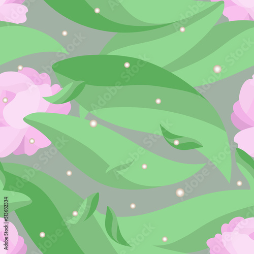 Seamless pattern with green leaves and pale pink peony flowers on pastel background. Soft delicate botanical floral print with garden plants. Vector graphics in vintage natural style for fabric, paper