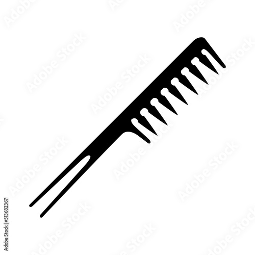 The comb icon. Black silhouette of a comb with large teeth for detangling hair and two teeth on the handle for styling hair. Vector illustration isolated on a white background for design.