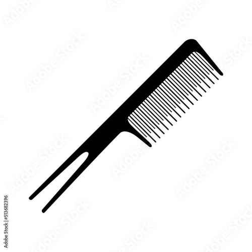 The comb icon. A black silhouette of a comb with teeth of different lengths and thicknesses and two teeth on the handle for styling hair. Vector illustration isolated on a white background for design.