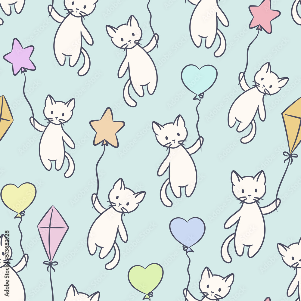 Obraz premium Cute pastel cat pattern, cartoon illustration, vector background