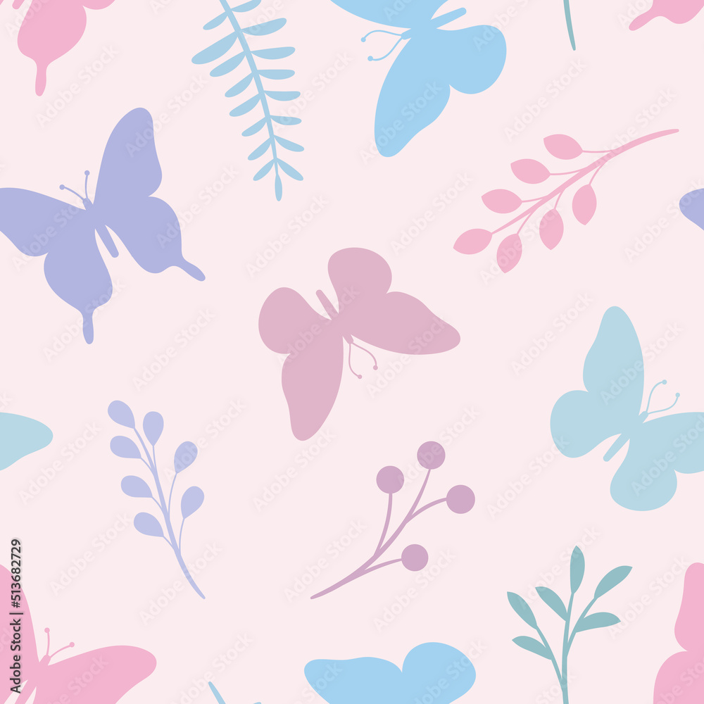 Pastel spring vector pattern with butterflies and plants, seamless background Pastel spring vector pattern with butterflies and plants, seamless background
