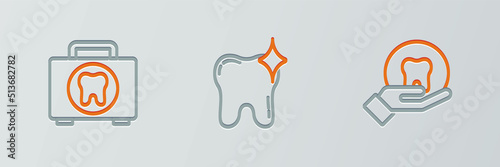 Set line Tooth, First aid kit and whitening icon. Vector