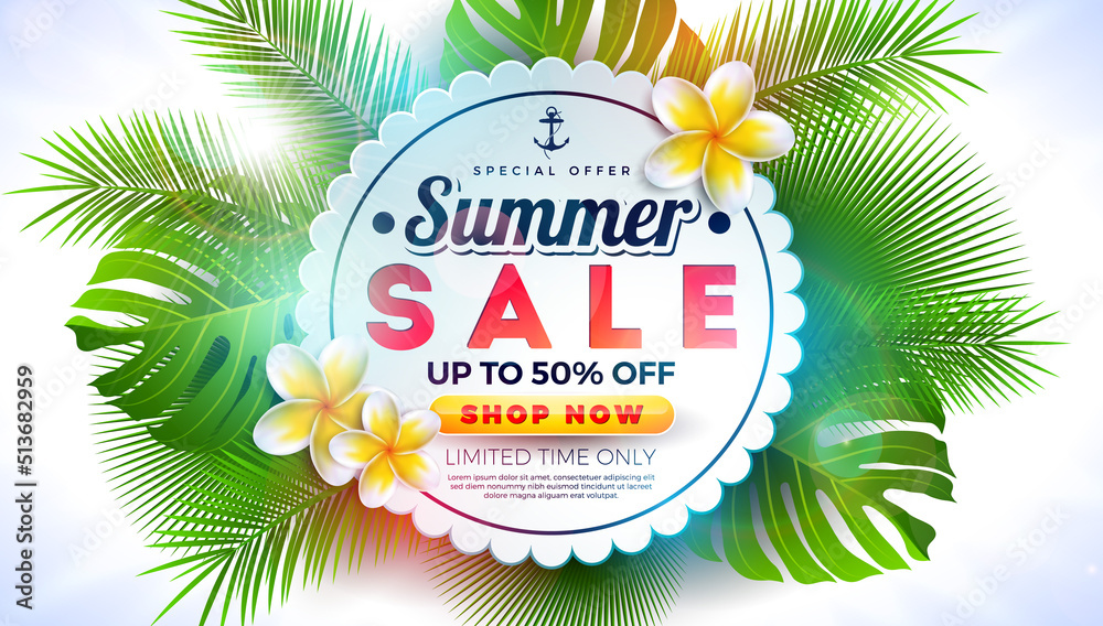 Summer Sale Design with Flower and Exotic Palm Leaves on Tropical
