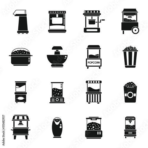 Popcorn maker machine icons set simple vector. Cinema corn