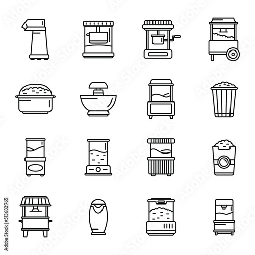 Popcorn maker machine icons set outline vector. Cinema corn