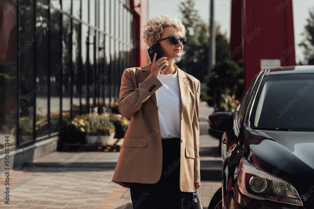 Elegant Business Woman with Briefcase in Hand Talking on the Phone Near the Luxury Car Elegant Business Woman with Briefcase in Hand Talking on the Phone Near the Luxury Car